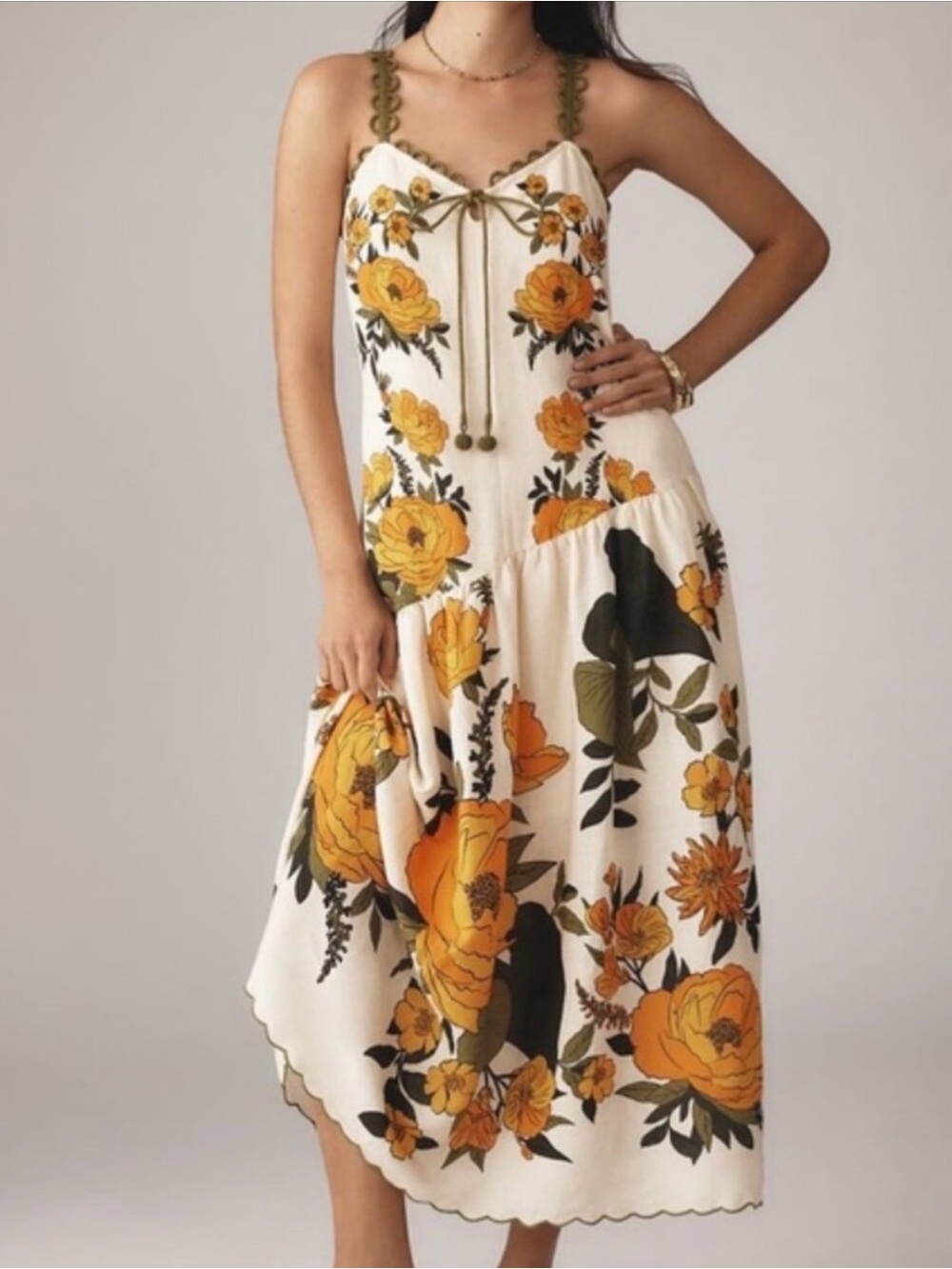FARM Rio x Anthropologie Cream Midi Dress with Yellow Floral Print - NWOT